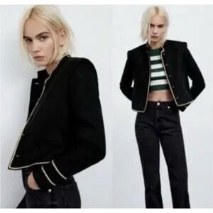 Zara Womens Military Style Crop Blazer Jacket Size XL Black Wool Blend Gold Trim